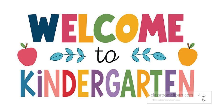 Playful welcome to kindergarten sign with bold colorful text red and yellow apples and simple leafy decoration great for classrooms and back to school posters