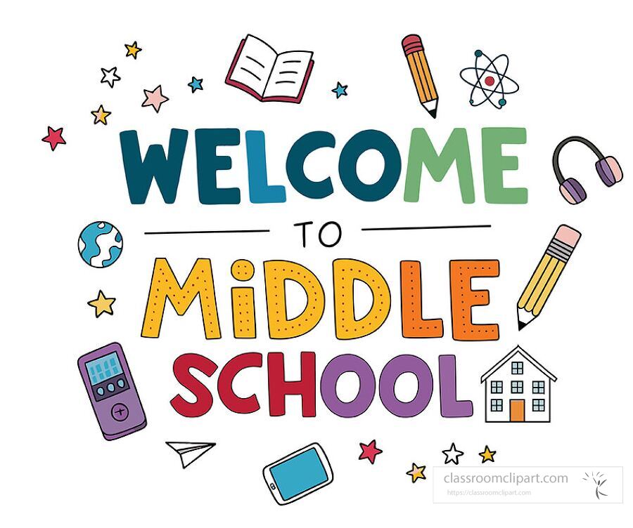 Fun and colorful welcome to middle school clipart featuring bold text school supplies and hand drawn icons perfect for classroom decorations and educational materials