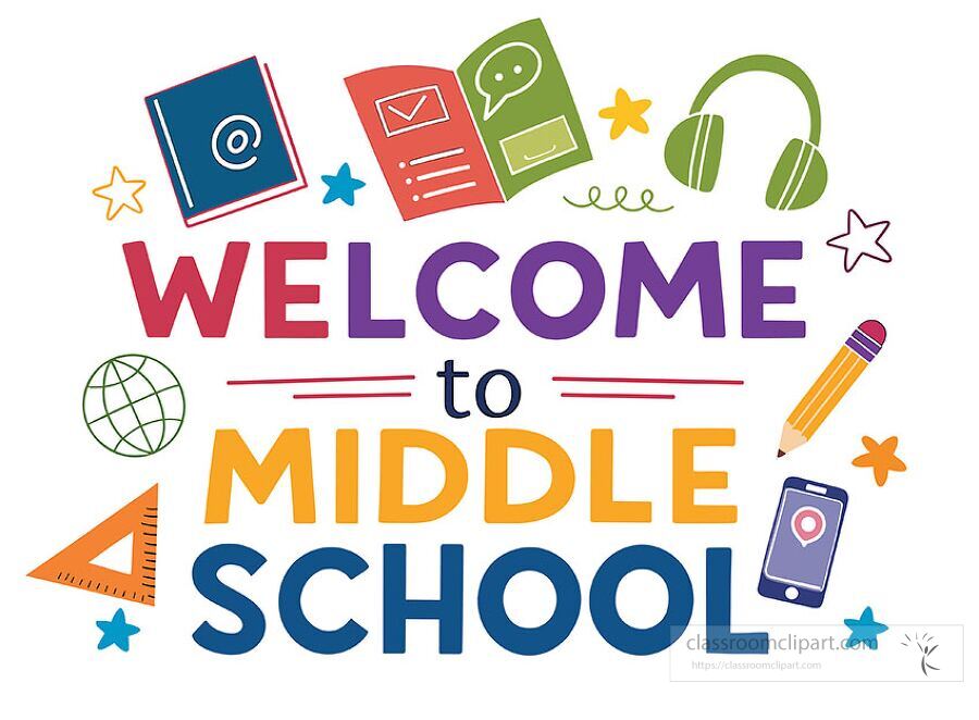 Bright and playful welcome to middle school clipart in flat illustration style with books headphones and school items ideal for educational use and classroom printables