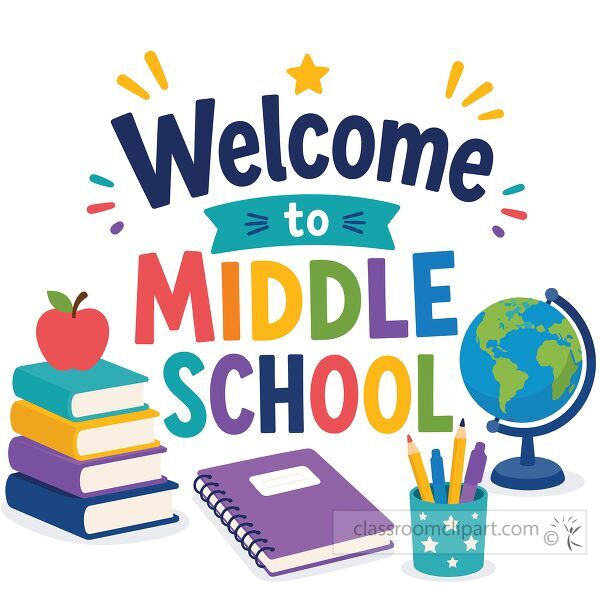 Welcome to Middle School lettering with books apple globe notebook pencils and supply cup in cartoon clipart style