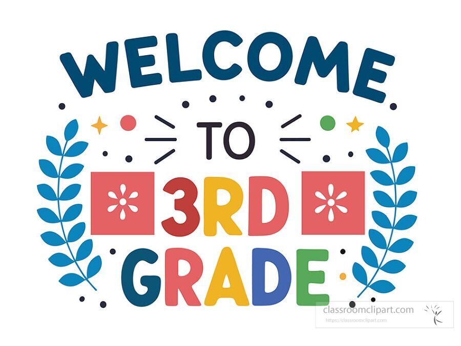 colorful welcome to third grade sign illustration with stars leaves and decorative shapes for classroom display