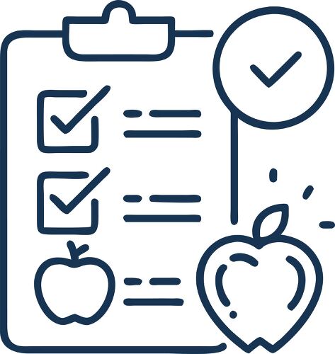 A wellness check icon features a clipboard with a checklist and an apple indicating healthy habits.