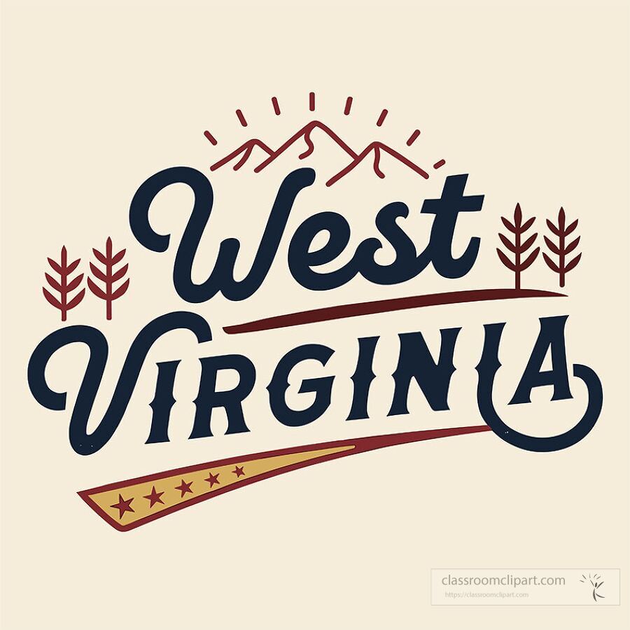 Vintage style West Virginia state name logo featuring mountain peaks decorative trees and stars
