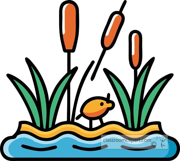 A colorful illustration of a pond scene featuring a small yellow fish, tall green grass, and orange cattails. The water is depicted in blue with wavy lines.