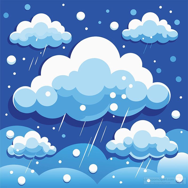 A whimsical illustration of clouds in a blue sky, featuring various shades of blue. Some clouds are depicted with raindrops falling, while others are fluffy and white. The background is a vibrant blue, enhancing the cheerful atmosphere.