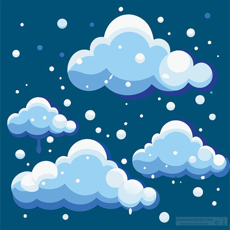 A whimsical illustration of fluffy clouds in various shapes and sizes against a dark blue background, with falling snowflakes adding a wintery feel.