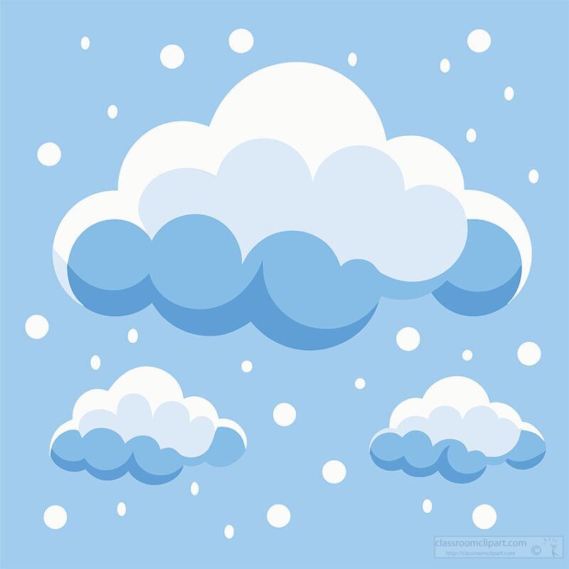 A whimsical illustration of clouds in various sizes against a light blue background, with white snowflakes falling around them, creating a cheerful winter scene.