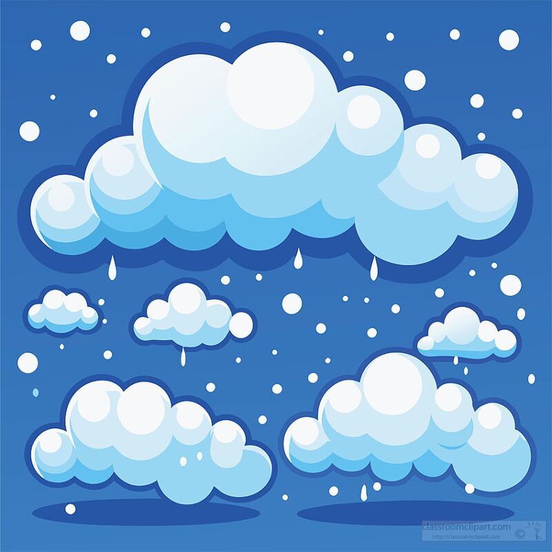 A whimsical illustration of fluffy clouds in various sizes against a bright blue background, with small white snowflakes falling around them.