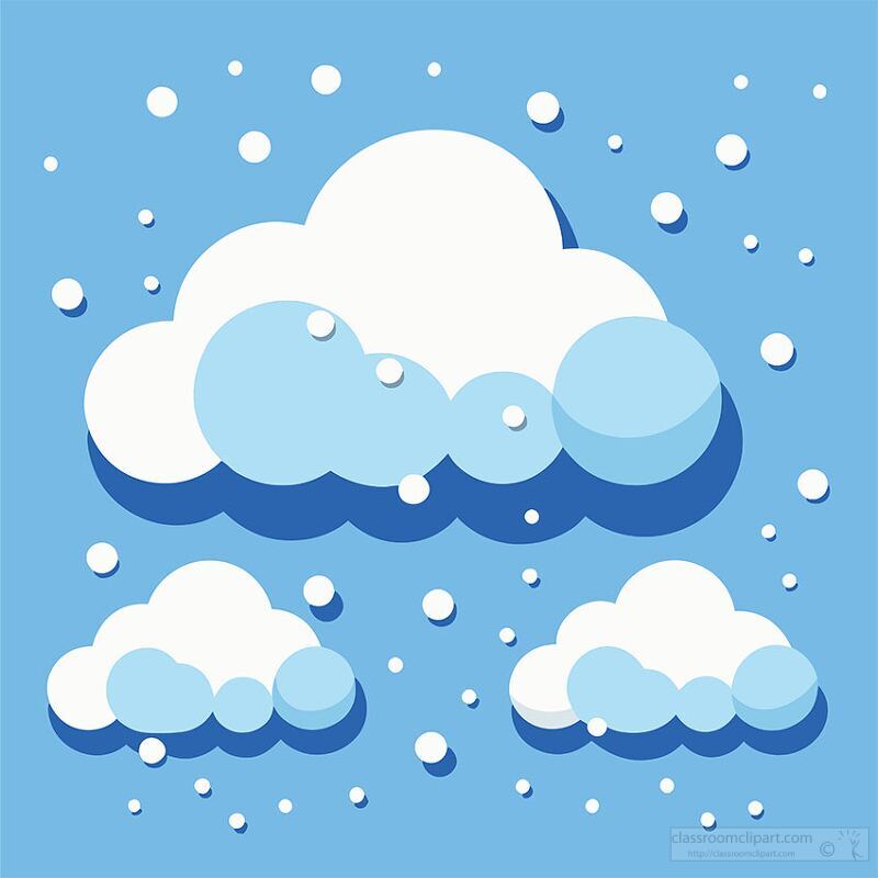 A whimsical illustration of clouds in various sizes against a blue background, with white snowflakes falling around them, creating a cheerful winter scene.