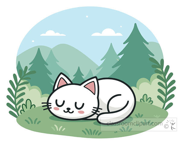 Sleeping white cat clipart in a forest clearing with pine trees bushes clouds and soft green colors