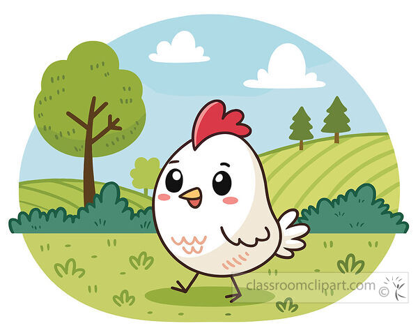 chicken with a red comb walks through a grassy meadow with trees hills and clouds clipart