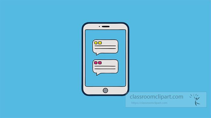 white smartphone with two conversation bubbles one yellow and one pink on a blue background illustrating digital communication or texting