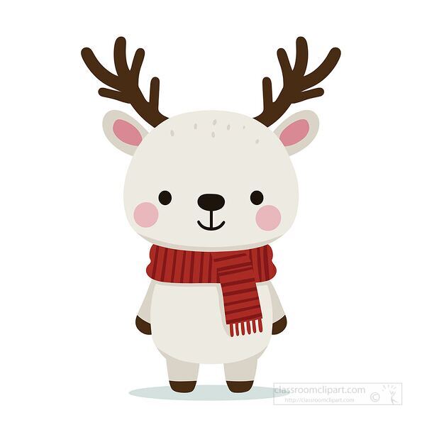 Charming white reindeer illustration with antlers and a cozy red scarf perfect for Christmas greetings winter decorations and festive art