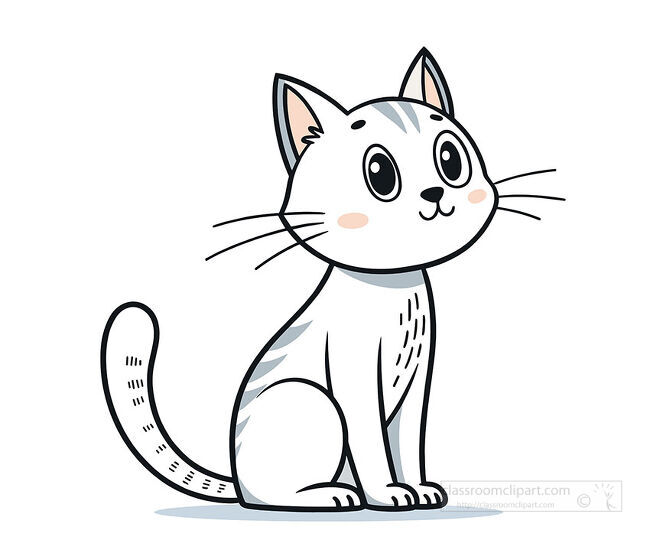 White tabby cat sitting with pale gray stripes pink cheeks large eyes whiskers and a gently curled tail