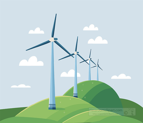 Clean energy landscape showing wind turbines on rolling hills for renewable power education sustainability content and green projects