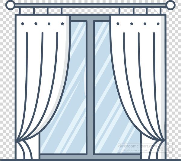 Flat vector design of a window framed with white curtains open to reveal glass panes and reflected light