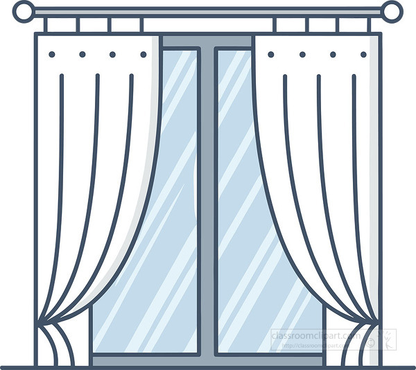 Flat vector design of a window framed with white curtains open to reveal glass panes and reflected light