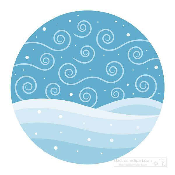 round winter scene with wind swirls snowflakes and snowy hills representing a cold blizzard