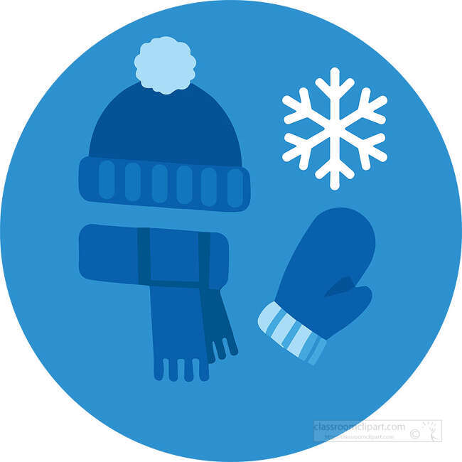 Blue winter hat scarf and mitten with a white snowflake on a blue circle background
