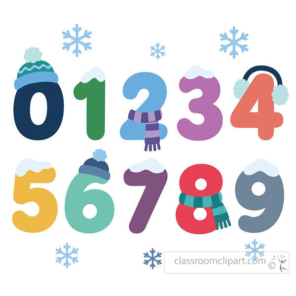 Colorful numbers zero through nine decorated with snow hats scarves earmuffs and snowflakes