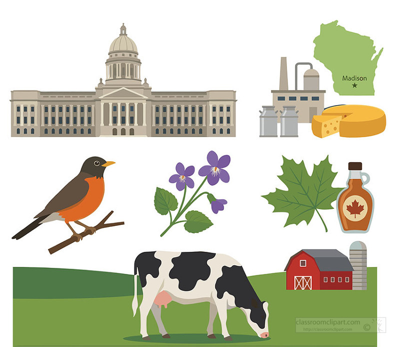 Wisconsin capitol dairy factory state map robin violet maple leaf syrup cow and red barn