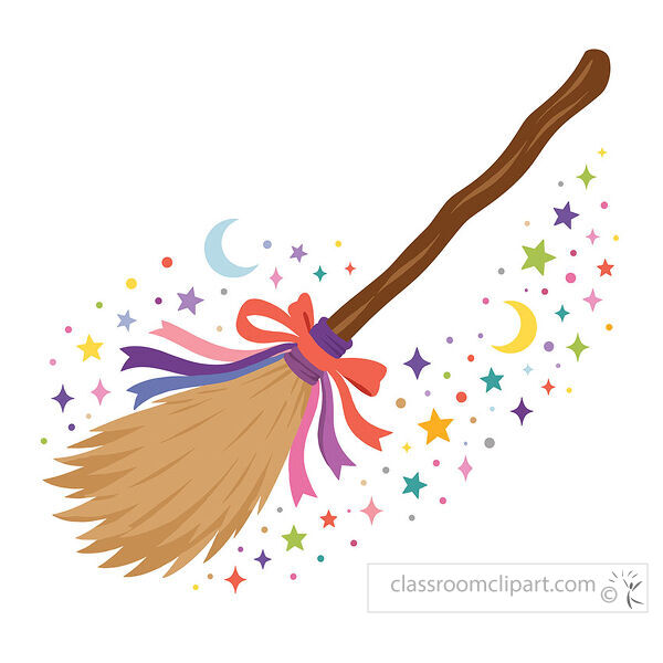 Witch broom with straw bristles a wooden handle ribbon bow crescent moons and colorful stars