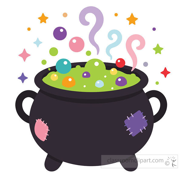 Witch cauldron filled with bubbling green potion colorful bubbles rising steam stars and patch details