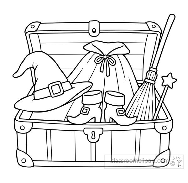 Open chest holds a witch hat cloak boots broom and star wand arranged together as a complete Halloween costume set