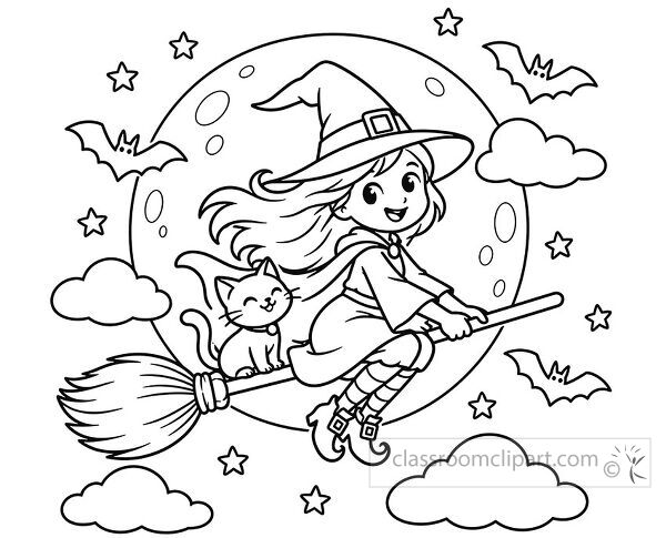 Halloween witch coloring page with a cat riding a broom before a full moon with bats stars and clouds