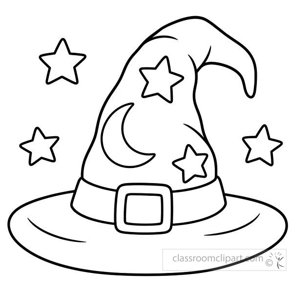 Black and white coloring page of a pointed witch hat decorated with a crescent moon and stars