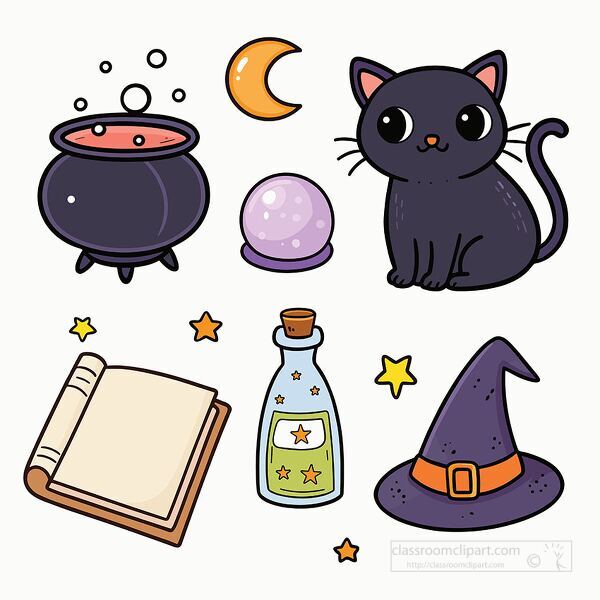 Fun Halloween design featuring black cat witch hat cauldron potion bottle spell book and magic elements ideal for stickers printables and kids crafts