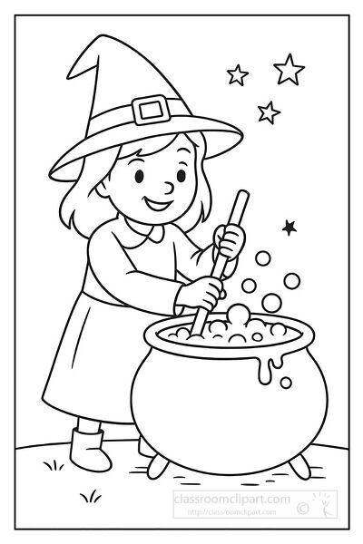 Halloween coloring page of a smiling witch stirring a bubbling cauldron with stars floating above a fun design for children