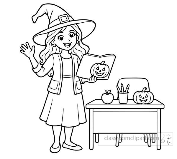 Smiling witch teacher waves while holding a pumpkin book beside a classroom desk with apple pencils and jack o lantern