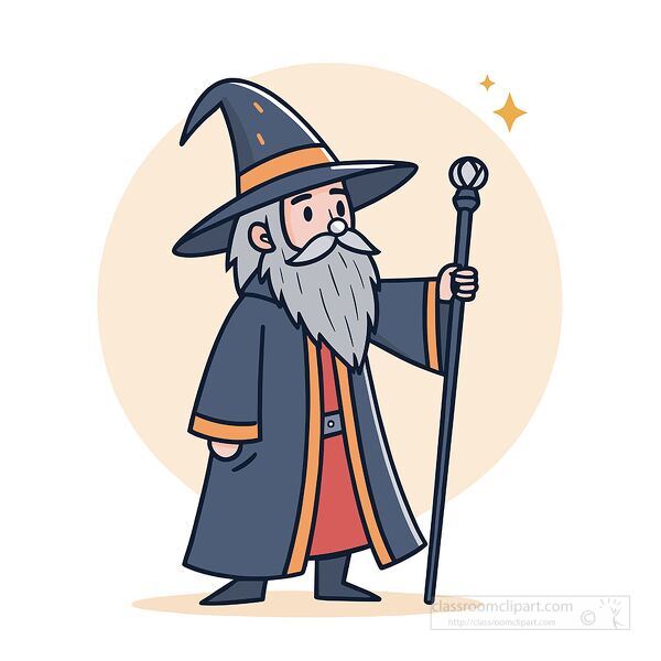 Flat vector illustration of a bearded wizard holding a staff with a glowing crystal tip, wearing a pointed hat