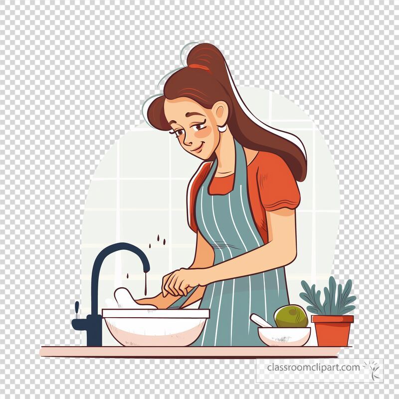 A young woman is happily preparing a meal at her kitchen counter She is mixing ingredients in a bowl while standing by a sink A potted plant and lime add color to the scene