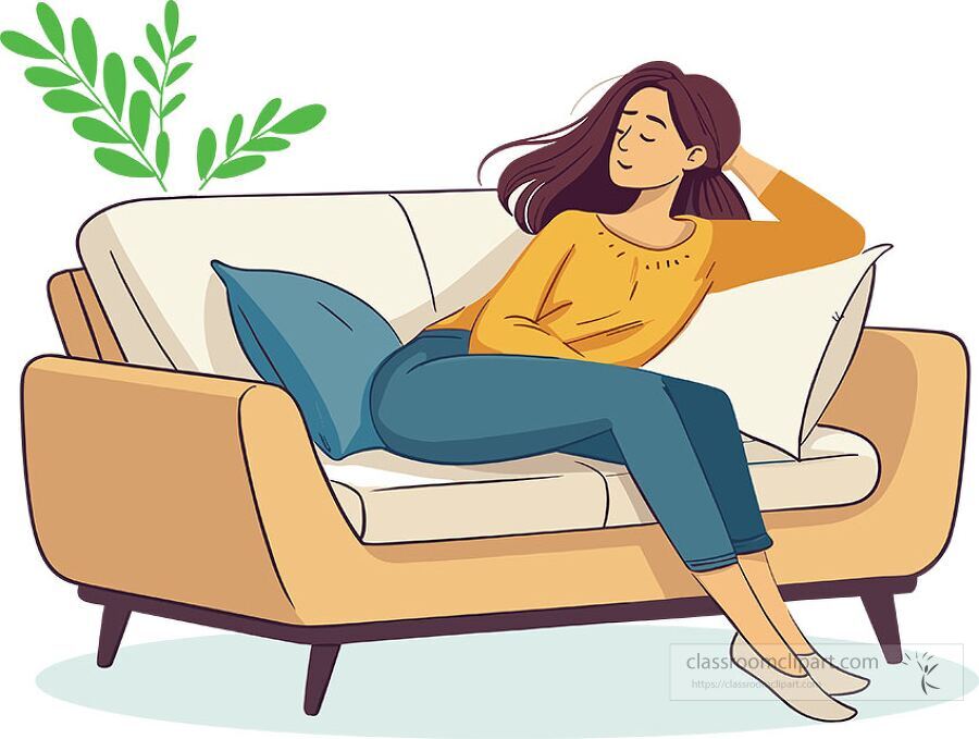  illustration of a woman sitting comfortably on a couch with cushions and plants in a cozy living room