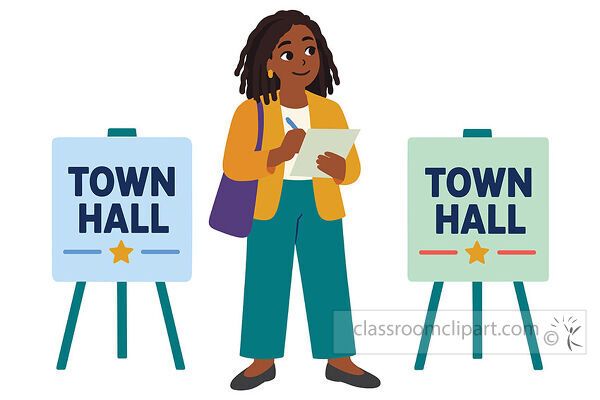 Woman with a shoulder bag writes on a notepad while standing between two signs labeled Town Hall
