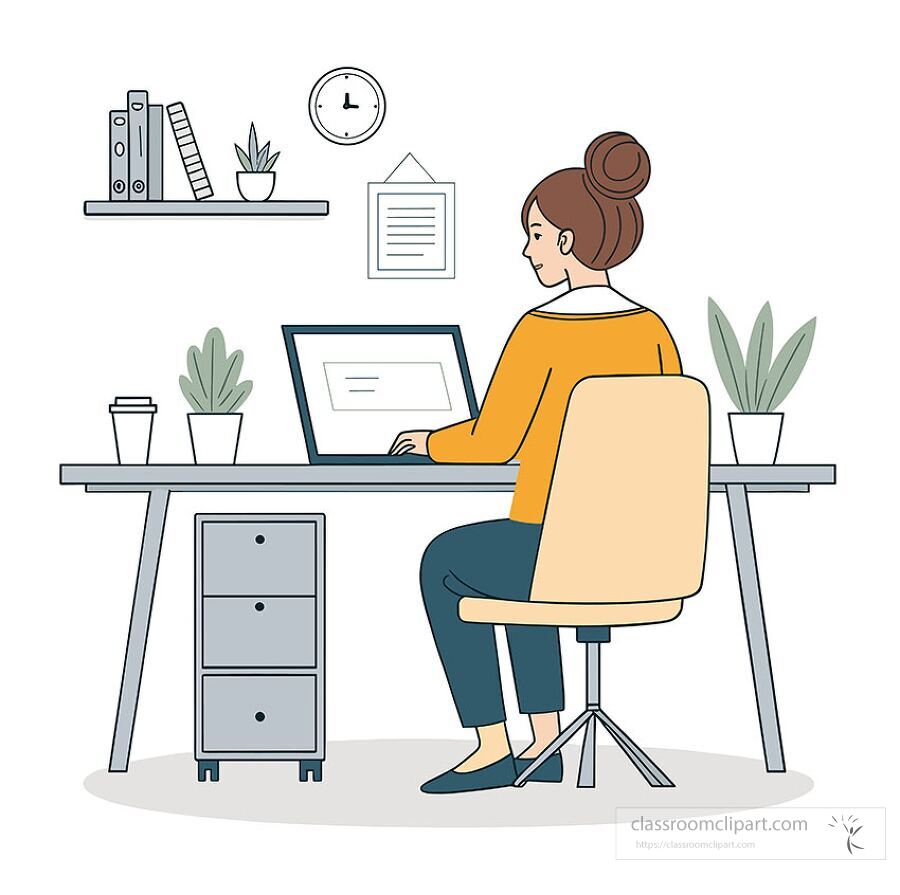  illustration of a woman sitting at a desk working on a laptop in a modern home office with plants and shelves