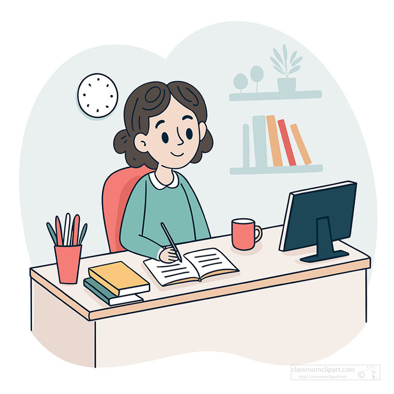 Smiling woman working at office desk with computer books and coffee mug