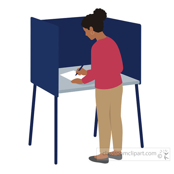 Woman standing at a dark blue privacy voting booth while writing on a paper ballot with a pen