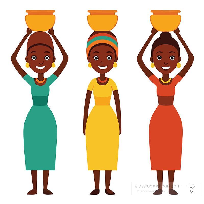 Three women in colorful dresses carry pots on their heads Each wears unique accessories showcasing cultural diversity and strength Their smiles reflect joy and community spirit