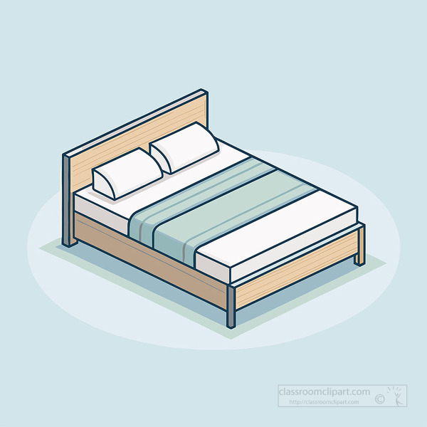 Flat vector illustration of a wooden bed neatly made with two pillows and a folded blanket on a light background