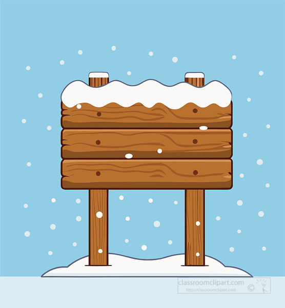 blank wooden sign stands outdoors covered in snow with snowfall all around and a snowy ground
