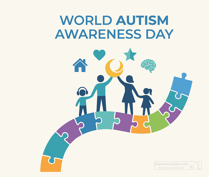 Family standing on colorful puzzle pieces symbolizing autism awareness acceptance and support