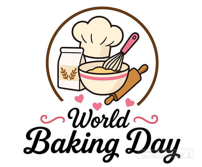 World Baking Day text with chef hat mixing bowl whisk rolling pin flour bag pink hearts and brown circle