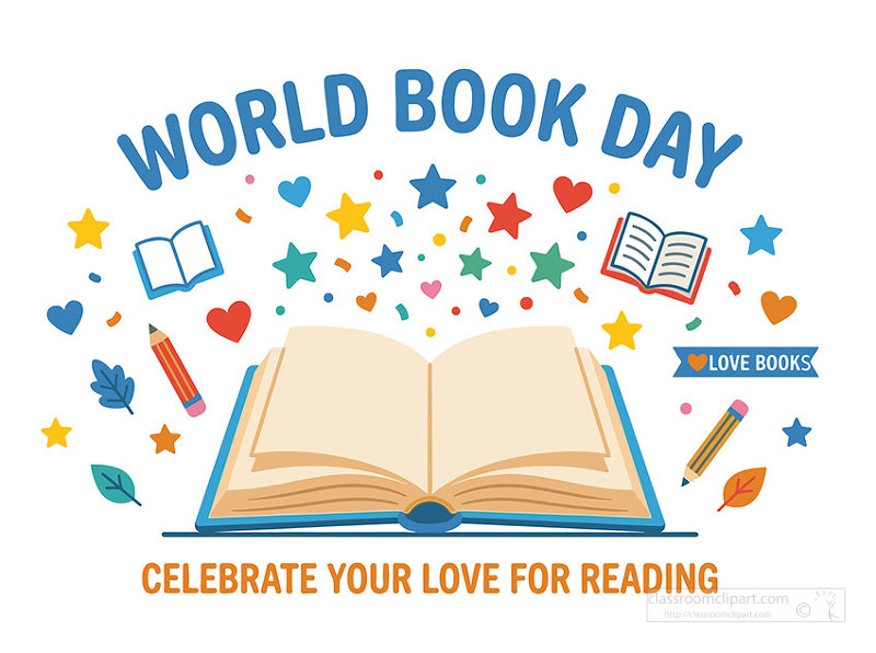 Open book with stars and symbols celebrating love for reading and learning