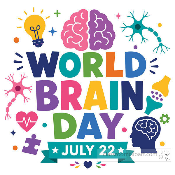 World Brain Day July 22 lettering with brain icons neurons light bulb puzzle piece heart and head silhouette