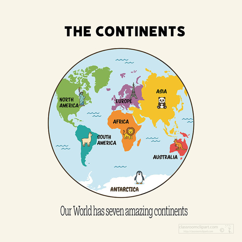 Bright world map displaying the seven continents with simple drawings of animals and landmarks for geography lessons