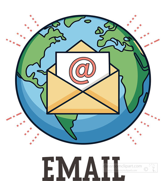 Bright illustration of a globe behind an envelope with an email symbol and the word email below suitable for logo banner or digital contact graphic