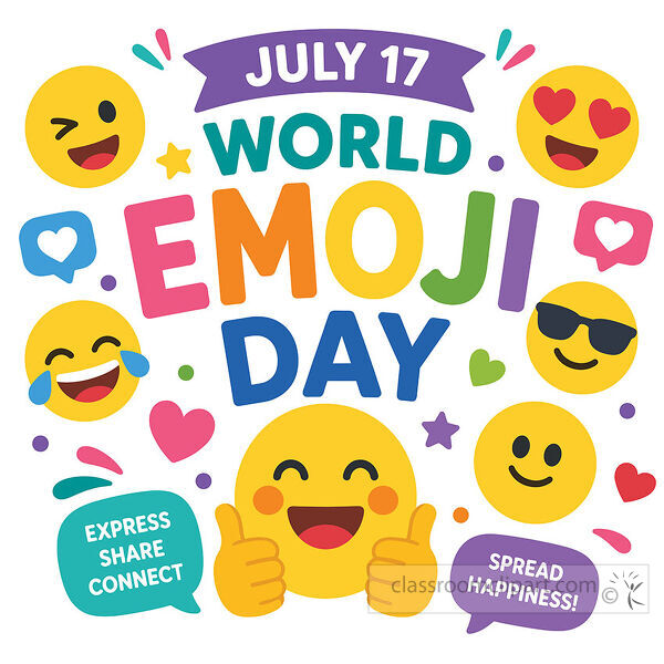 A cheerful World Emoji Day clipart scene with smiling faces heart icons chat bubbles stars and bright lettering